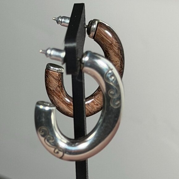 Brighton Reversible Earrings — Brown Woodgrain & Silver Swirl C-Hoops - Picture 5 of 6